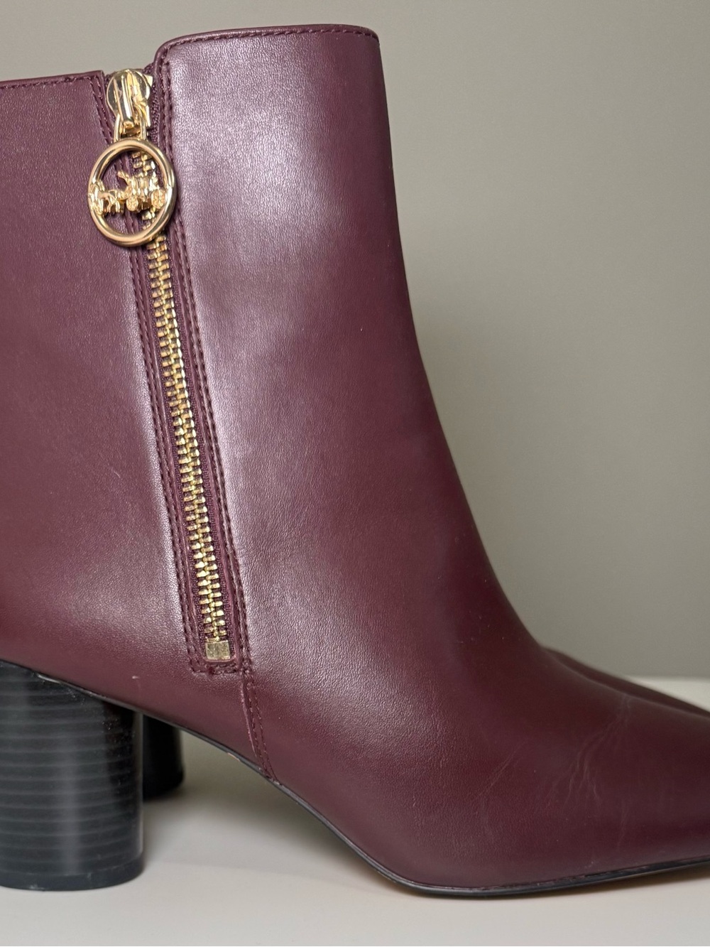 Coach Wine Leather Ankle Boots with Gold Zip Pull - Picture 6 of 13
